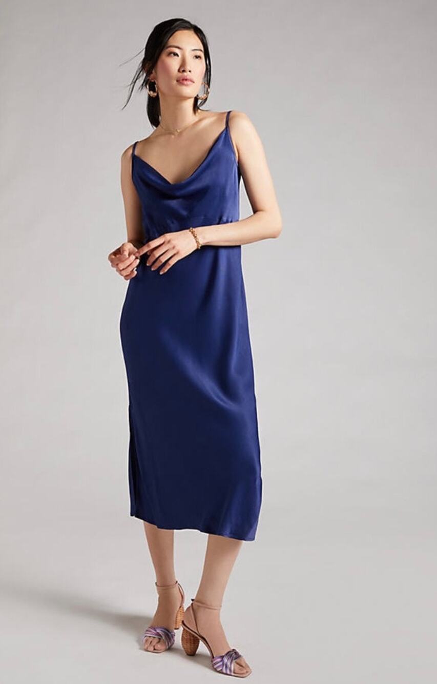 Anthropologie Elyse Royal Blue Cowl Neck Bias Slip Midi Dress Size Large